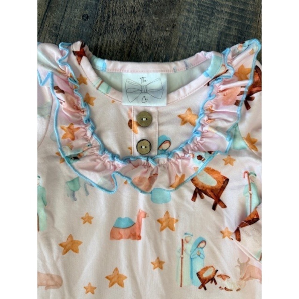 The Bow Co Nativity Scene Pink Ruffle Romper Baby Girls 3-6M Christmas Pajamas - Picture 3 of 7